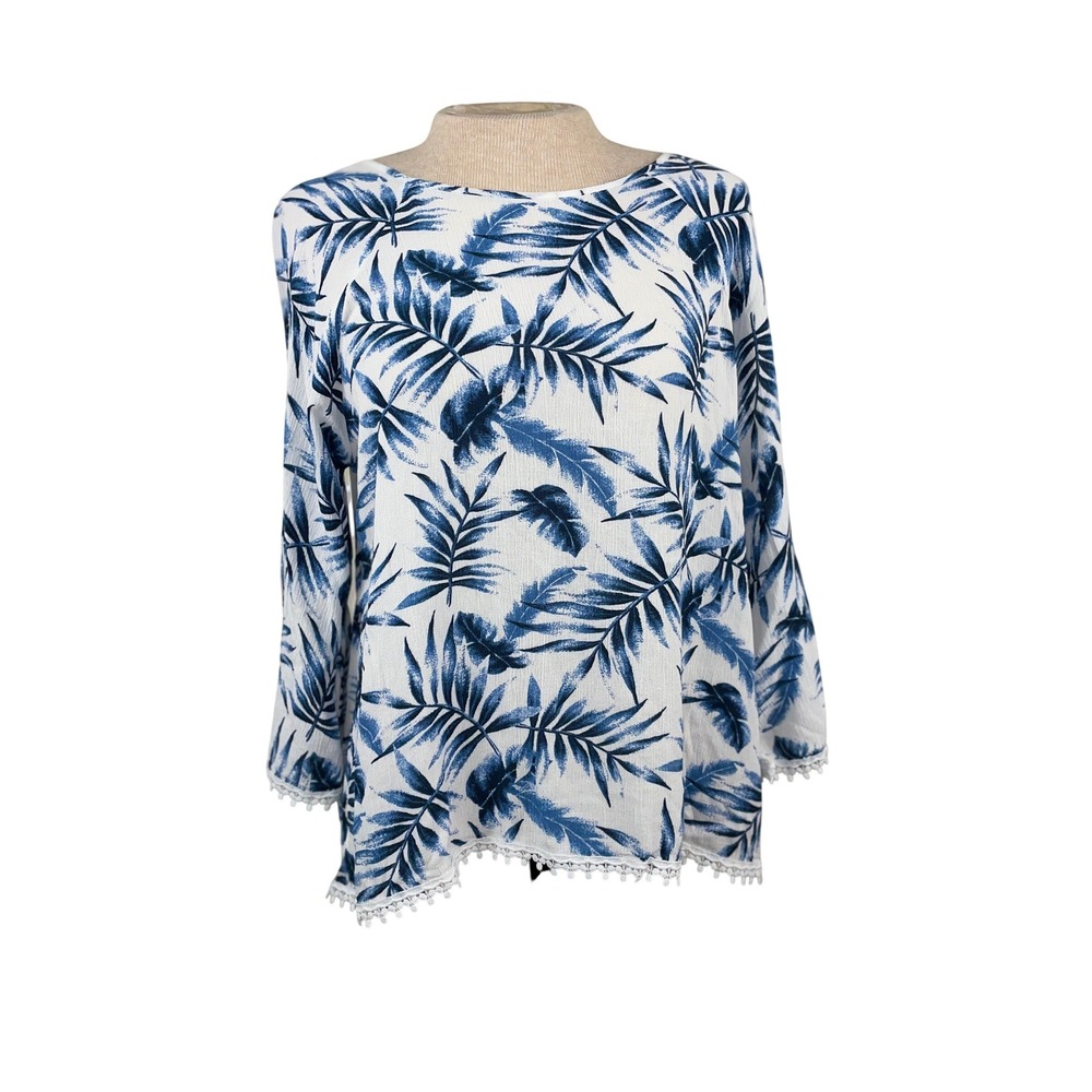 Paper Moon Womens Blue White Tropical Palm Leaf Pom Pom Trim‎ Blouse Size M
